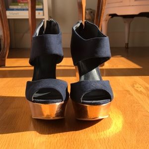 Blue and gold wedge heels